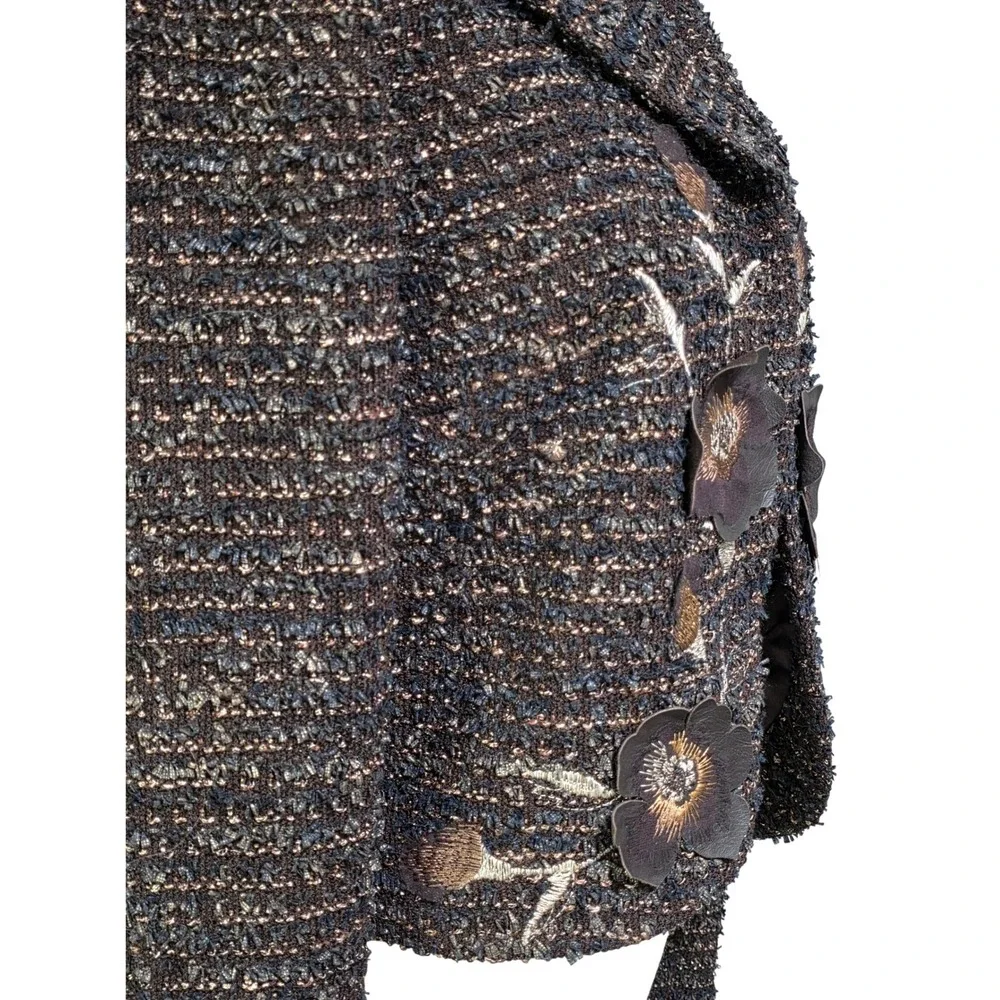 St. John Floral Bouclé Tweed Jacket Womens 8 Brown Excellent 3D Leather Appliqué